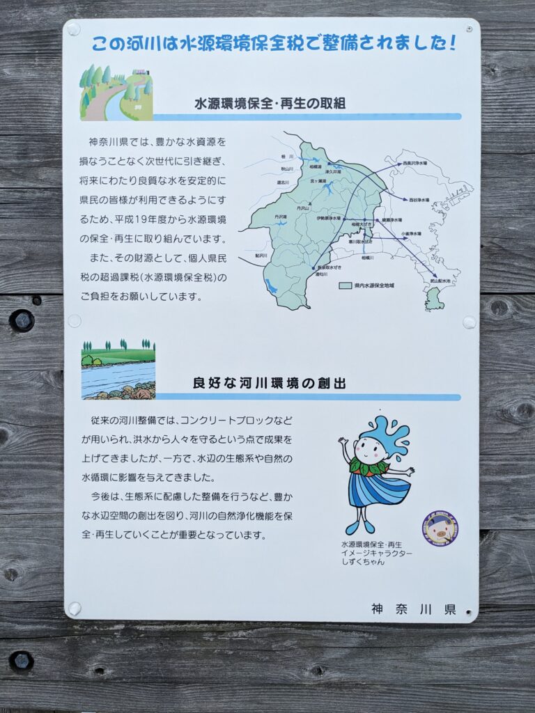 厚木市の恩曽川の整備の看板(水質環境保全税)